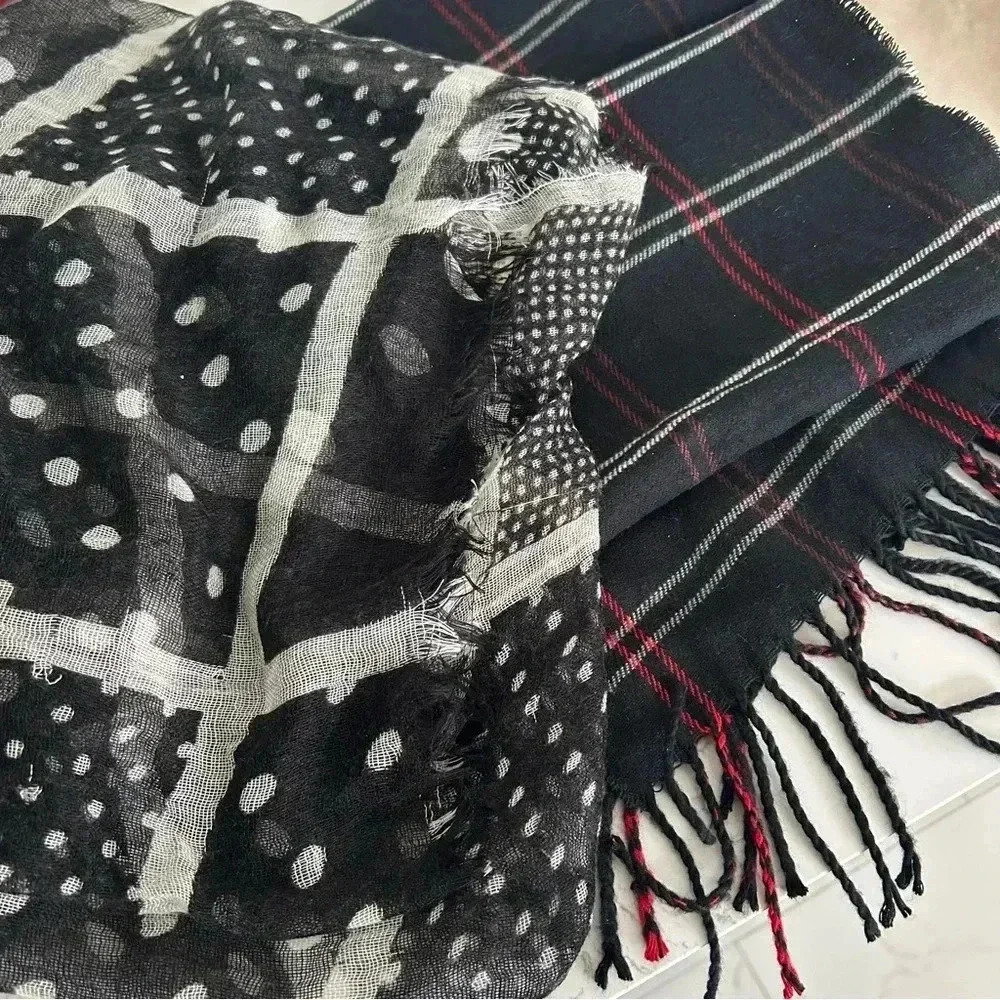 Collection Eighteen Scarf Bundle Black White Red Fringe Wrap Raw Edge Geometric